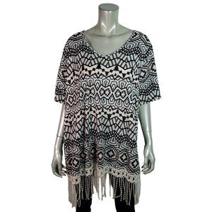 Catherines Top Plus Size 2X‎ Petite Tunic Fringe Stretch V-Neck Pullover Black